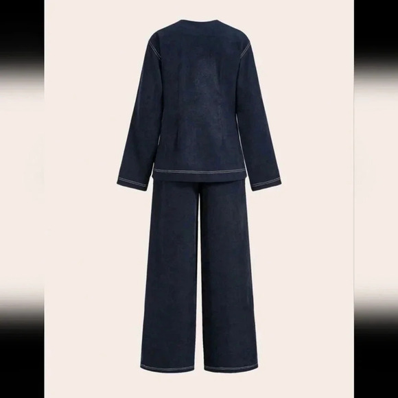 2pcs Women Casual Colorblock Outseam Blouse And Pants Suit, Autumn - Picture 3 of 9